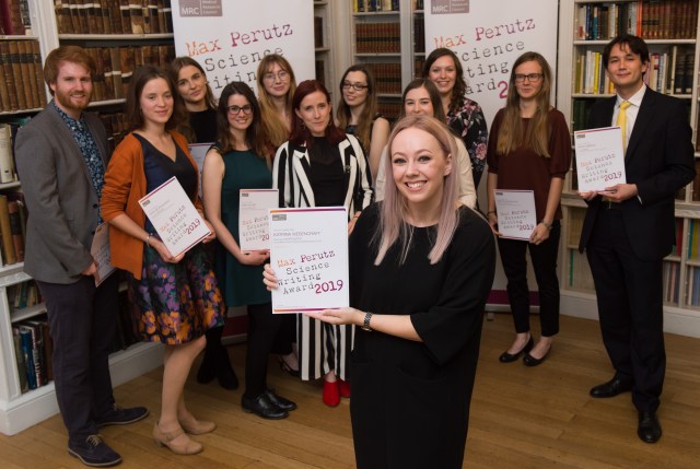 Katrina receiving her certificate at The Max Perutz Awards Ceremony in the Royal Institution, London.
